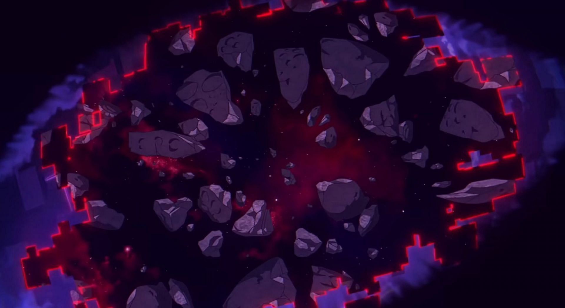 Visuals of the red-hued sky and pieces of the broken moon (Image via HoYoverse)